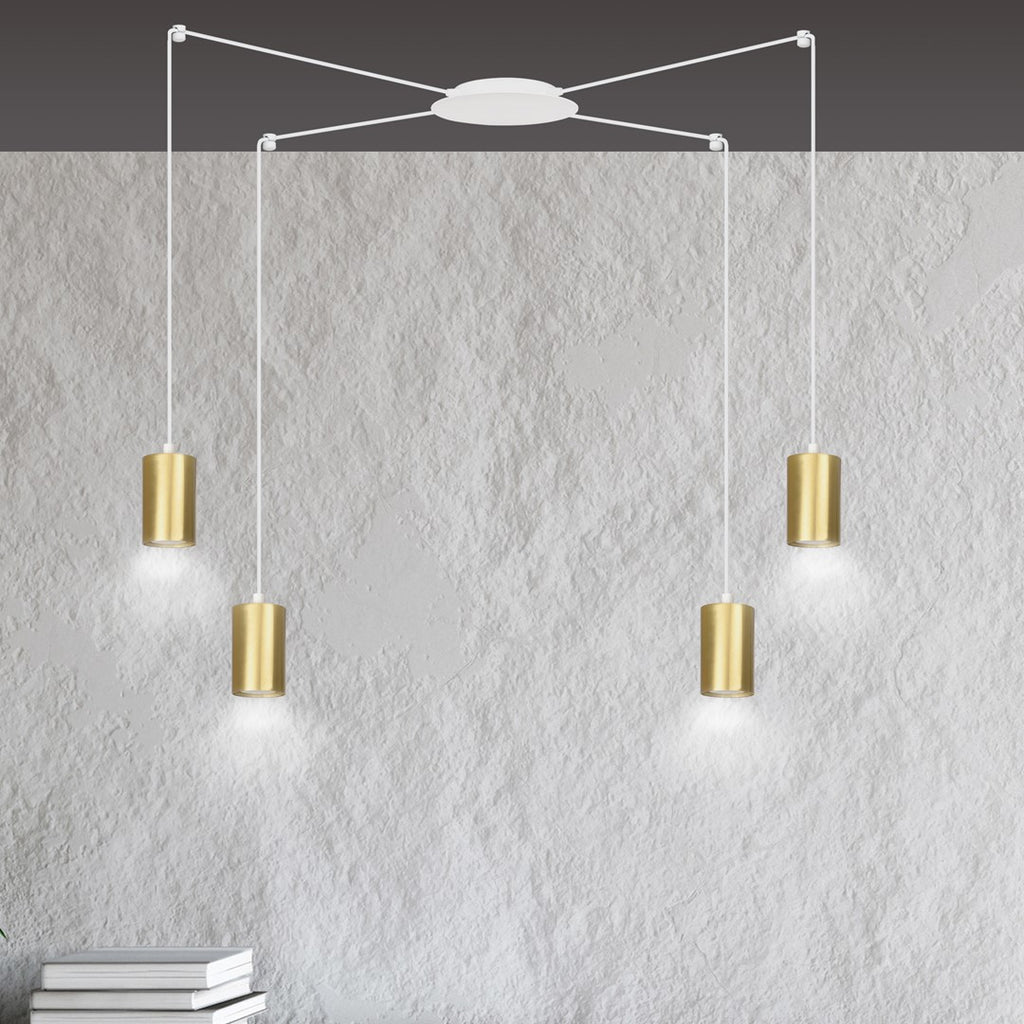 Hanglamp Traker gepoedercoat staal, modern, wit met goud, 4 fittingen, verstelbare hoogte
