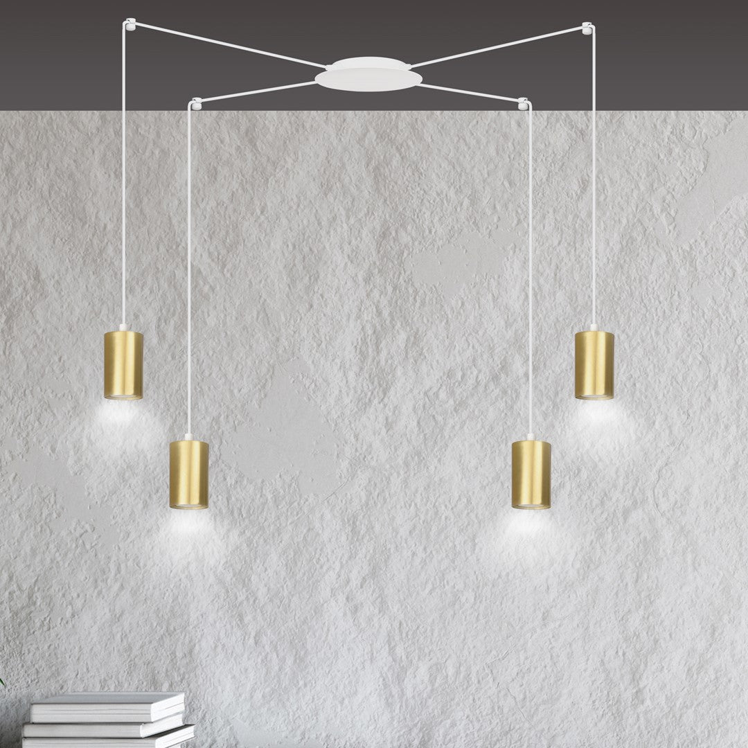 Hanglamp Traker gepoedercoat staal, modern, wit met goud, 4 fittingen, verstelbare hoogte