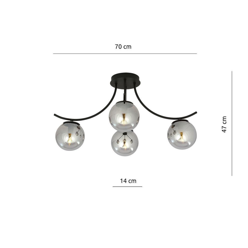 Plafondlamp gepoedercoat staal en glas Boston, zwart met grafiet glazen kappen, 4 lichts, 70 x 37 cm, E14