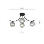 Plafondlamp gepoedercoat staal en glas Boston, zwart met grafiet glazen kappen, 4 lichts, 70 x 37 cm, E14