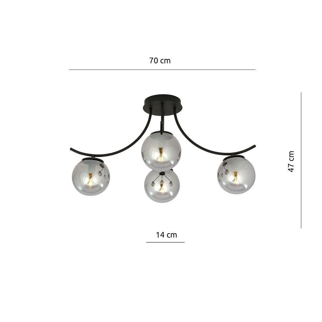 Plafondlamp gepoedercoat staal en glas Boston, zwart met grafiet glazen kappen, 4 lichts, 70 x 37 cm, E14