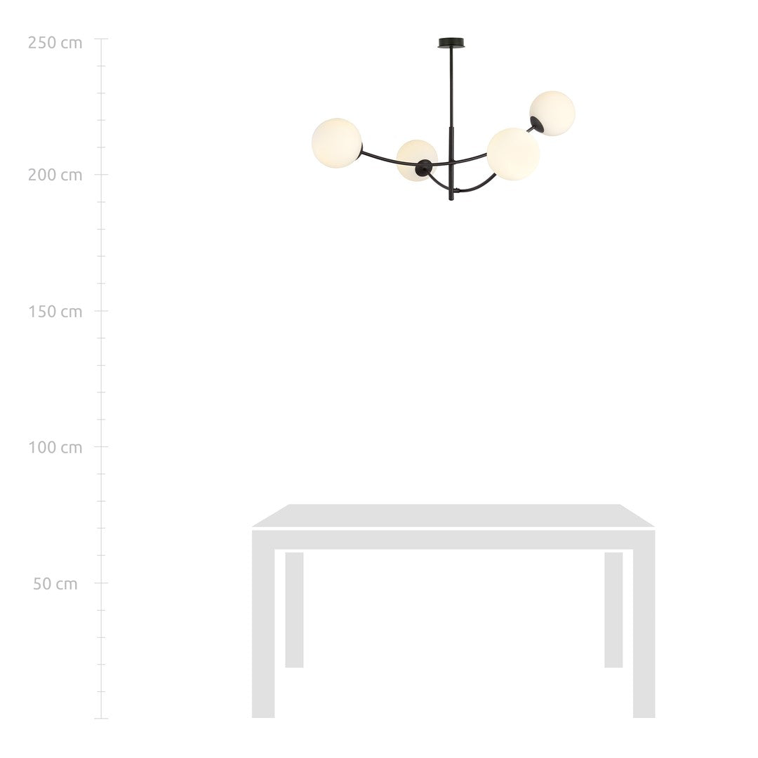 Plafondlamp gepoedercoat staal en glas Hunter, modern, zwart met witte kappen, 4 lichtpunten E14