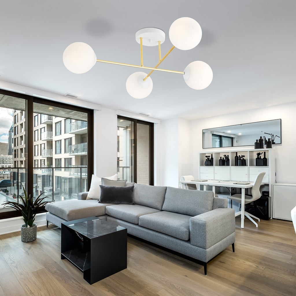 Plafondlamp gepoedercoat staal en glas Magnum, goud en wit, 4 lampen E14, 55 cm breed, woonkamer en eetkamer