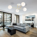 Plafondlamp gepoedercoat staal en glas Magnum, goud en wit, 4 lampen E14, 55 cm breed, woonkamer en eetkamer