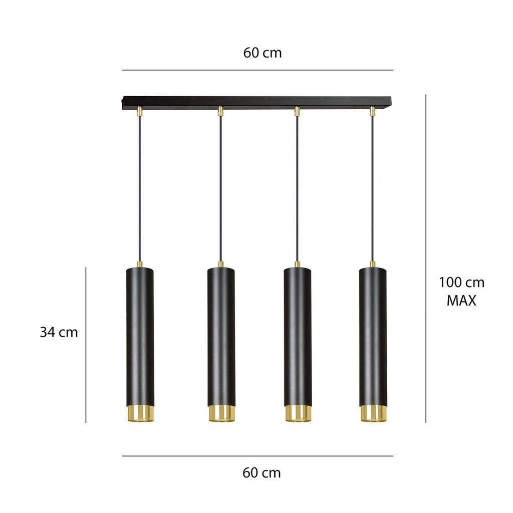 Hanglamp gepoedercoat staal Kibo, modern, zwart met goud, 4 lichts, 60 cm breed, voor woonkamer, keuken en thuiskantoor