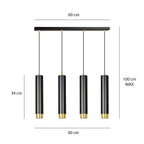 Hanglamp gepoedercoat staal Kibo, modern, zwart met goud, 4 lichts, 60 cm breed, voor woonkamer, keuken en thuiskantoor