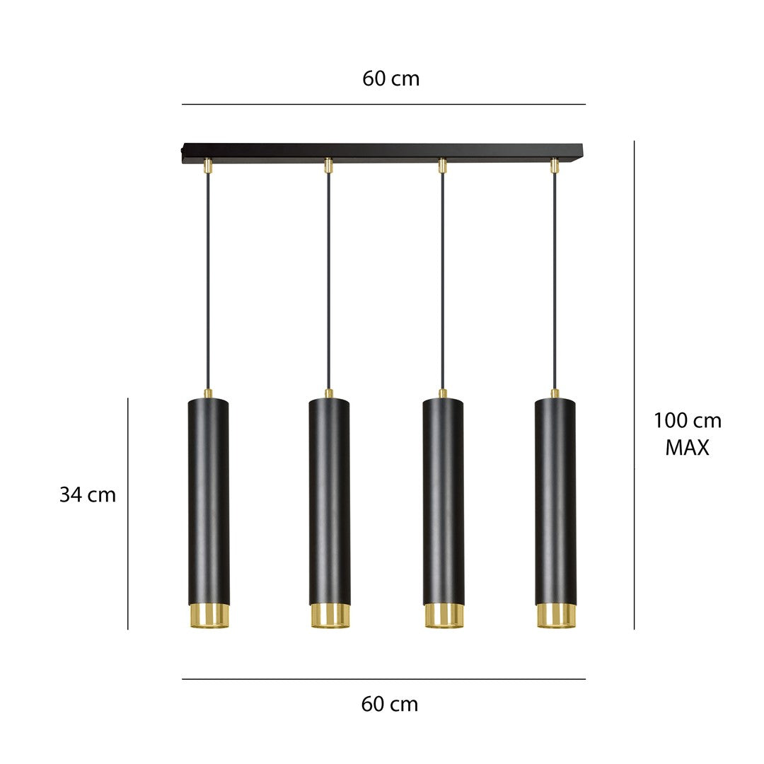 Hanglamp gepoedercoat staal Kibo, modern, zwart met goud, 4 lichts, 60 cm breed, voor woonkamer, keuken en thuiskantoor