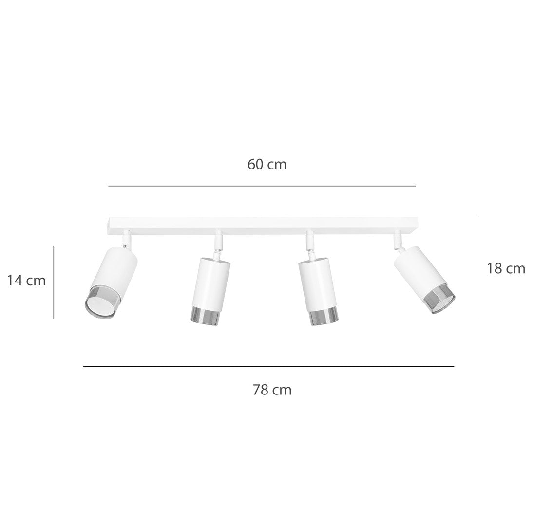Plafondlamp staal Hiro, modern, wit met zilver, 60 cm, 4 verstelbare spots, voor keuken, hal of slaapkamer