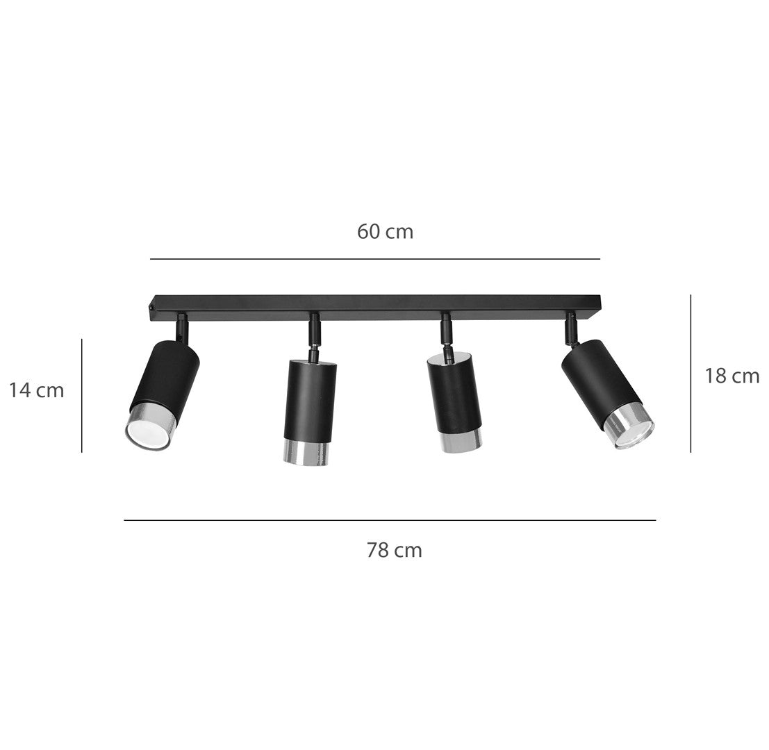 Plafondlamp gepoedercoat staal modern Hiro zwart zilver, 4 verstelbare spots, breedte 60 cm, voor hal en keuken
