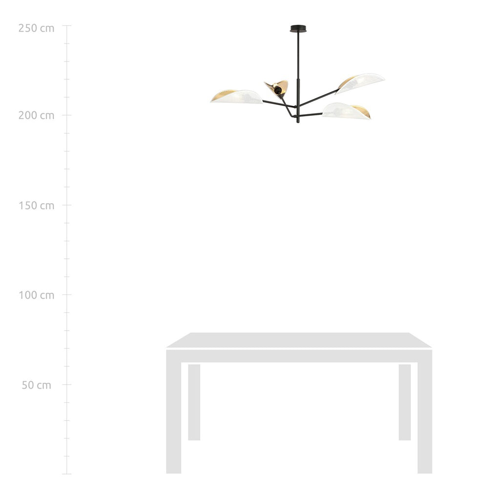 Plafondlamp gepoedercoat staal, modern, Vene zwart met wit en gouden kappen, 4 lichts, 102 x 51 cm, woonkamer en slaapkamer