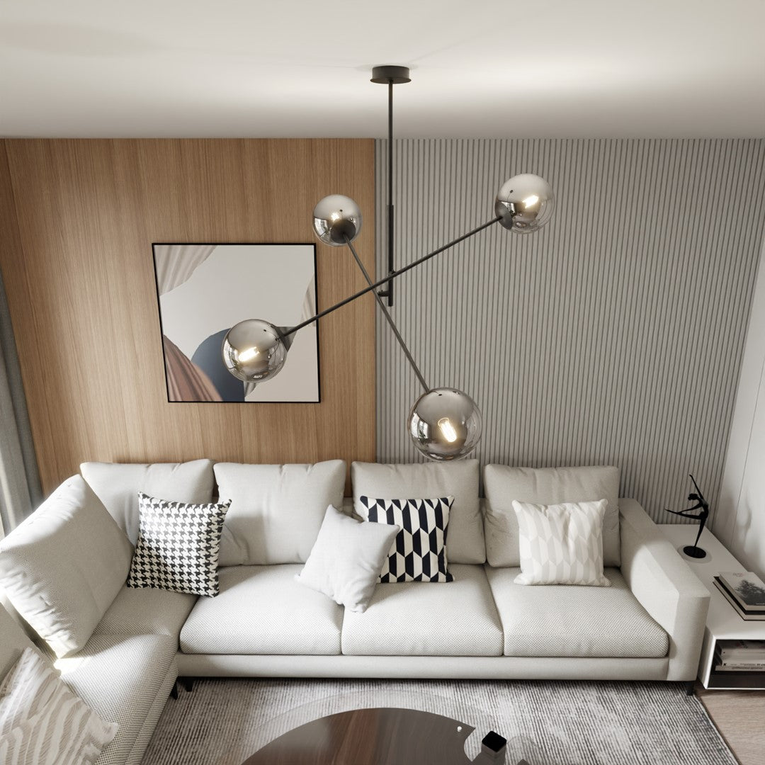 Hanglamp gepoedercoat staal en glas Linear 4 lichts, zwart/grafiet – 102 x 51 cm, boven eettafel of kookeiland