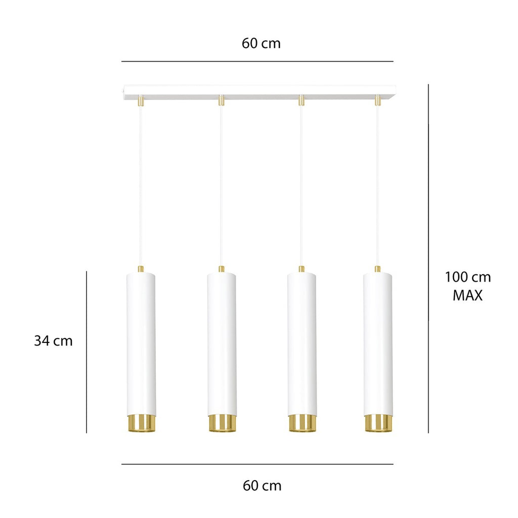 Hanglamp 4 lichts gepoedercoat staal Kibo modern wit met goud, 60 cm breed, voor woonkamer, keuken of werkplek