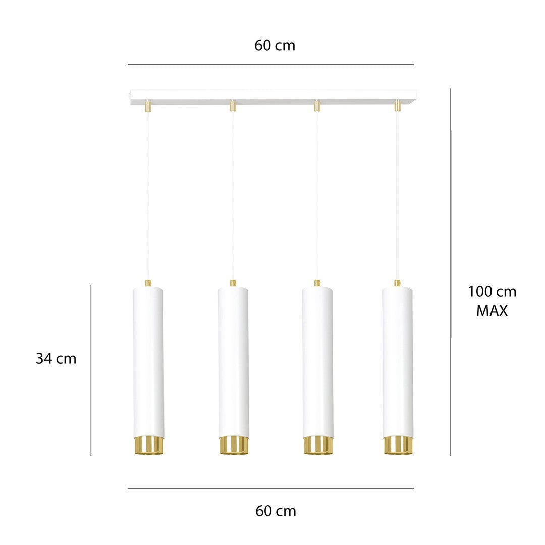 Hanglamp 4 lichts gepoedercoat staal Kibo modern wit met goud, 60 cm breed, voor woonkamer, keuken of werkplek