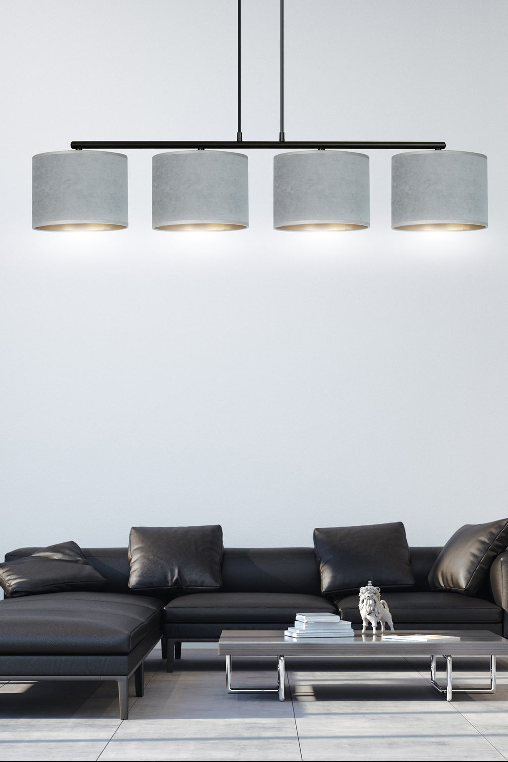 Hanglamp gepoedercoat staal en stof Hilde, grijs met zwart frame, 4 kappen Ø 20 cm – 97 x 100 cm