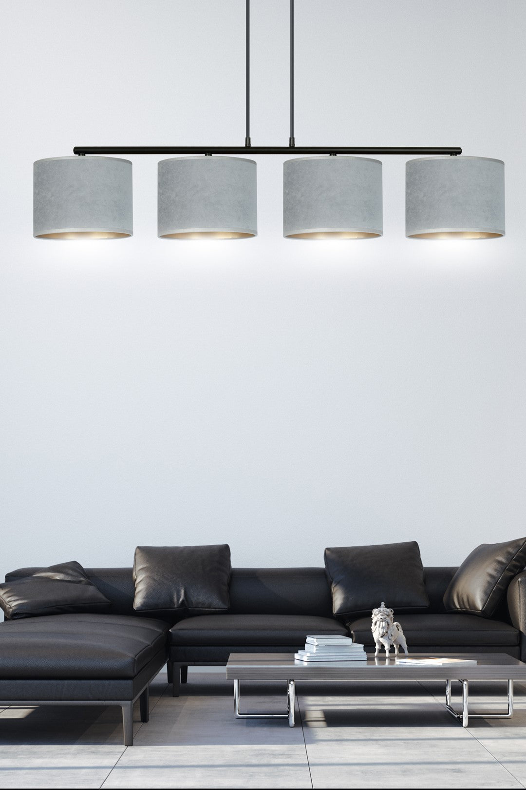 Hanglamp gepoedercoat staal en stof Hilde, grijs met zwart frame, 4 kappen Ø 20 cm – 97 x 100 cm