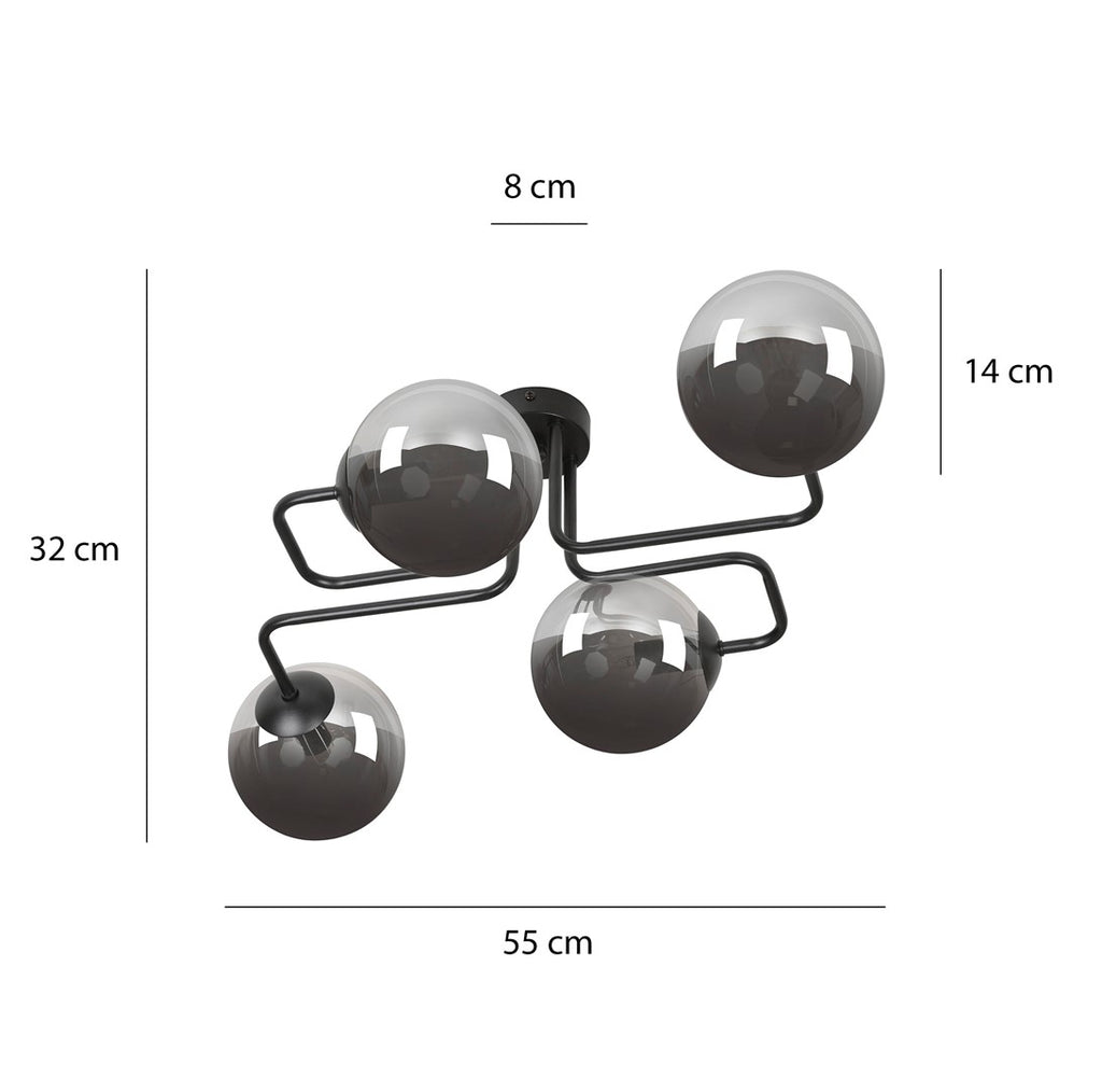Plafondlamp gepoedercoat staal en glas Brendi, zwart met grafiet glazen kappen, 4 lichts, 55 x 32 cm