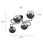 Plafondlamp gepoedercoat staal en glas Brendi, zwart met grafiet glazen kappen, 4 lichts, 55 x 32 cm