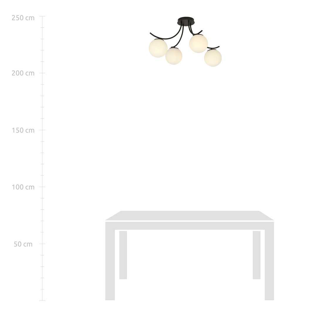 Plafondlamp gepoedercoat staal en glas Boston zwart, witte glazen kappen, 70 x 37 cm, 4 lichts E14