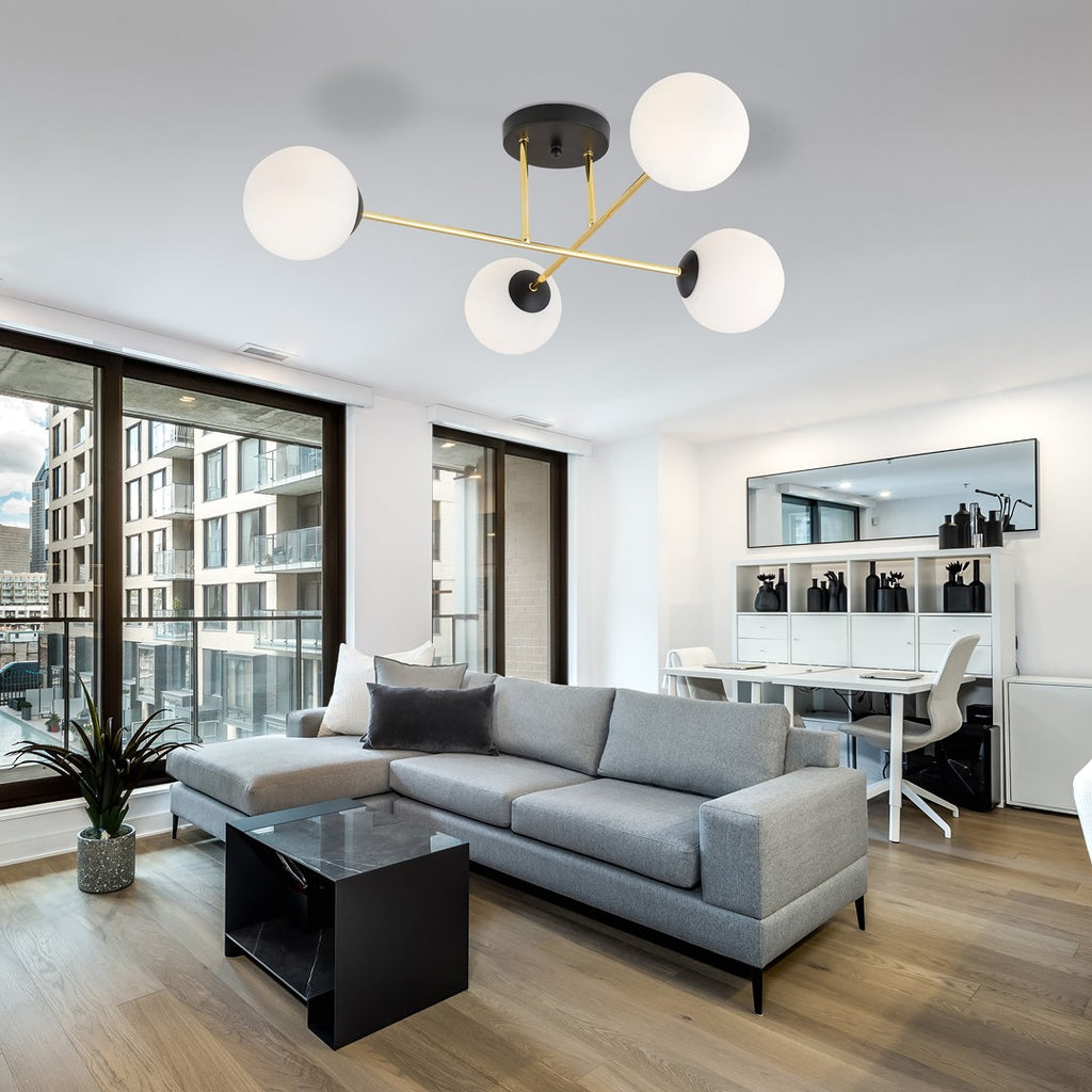 Plafondlamp Magnum gepoedercoat staal en glas, glamour, zwart en goud met witte kappen, 4 lichts, E14