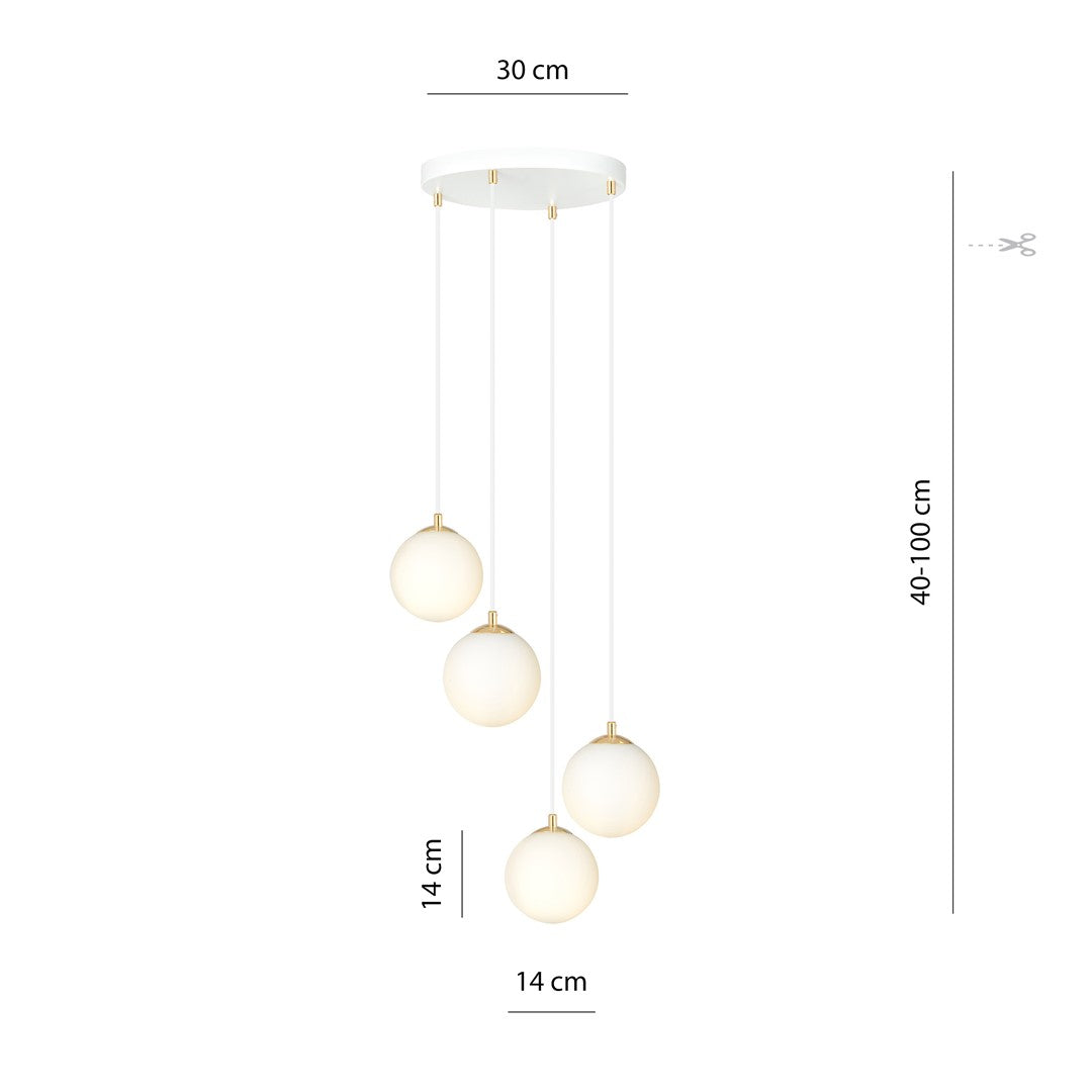 Hanglamp gepoedercoat staal en glas, retro, wit met goud, 4 lichts, 40 x 100 cm, voor keuken en eetkamer