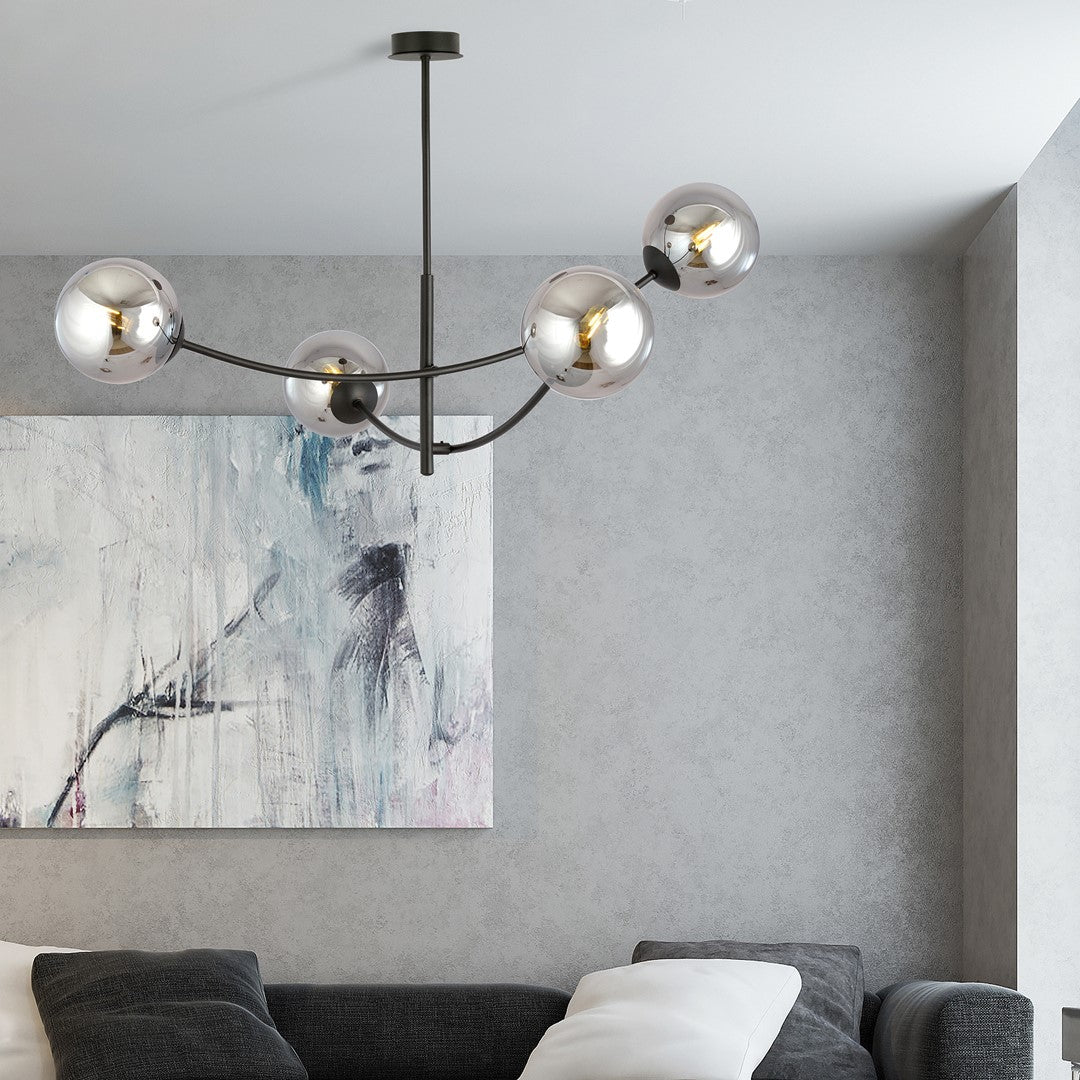 Plafondlamp gepoedercoat staal en glas Hunter, zwart met grafiet glazen kappen, 4 lichts, 89 x 63 cm