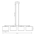 Hanglamp 4 lichts gepoedercoat staal en rotan, minimalistisch Eco, zwart, 96 cm breed, voor kookeiland en eettafel