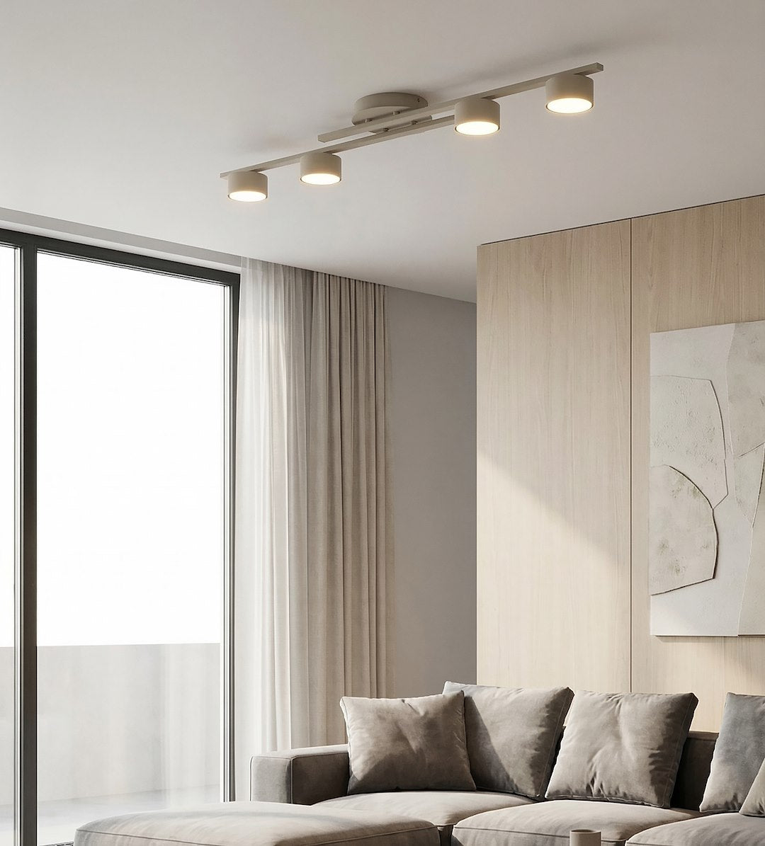 Plafondlamp gepoedercoat staal Fragment, modern, beige, 87 x 29 cm, met 4 fittingen voor woonkamer of slaapkamer