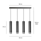Hanglamp 4-lichts gepoedercoat staal Kibo, zwart met chroom, 60 cm breed, hoogte verstelbaar, eettafel en keuken