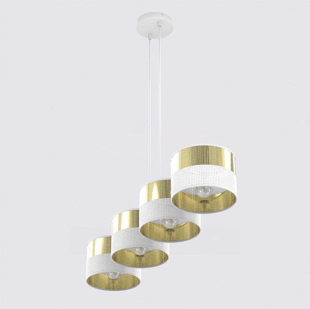 Hanglamp gepoedercoat staal Lux modern wit en goud, 4 fittingen E27, breedte 96 cm, voor eettafel of kookeiland