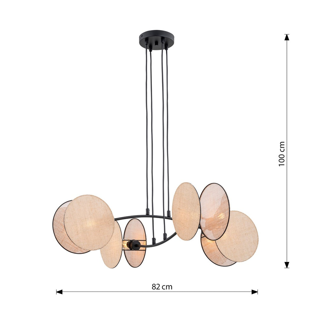 Hanglamp gepoedercoat staal en stof Motief boho, zwart met beige kappen, 4 fittingen E27, 82 x 100 cm