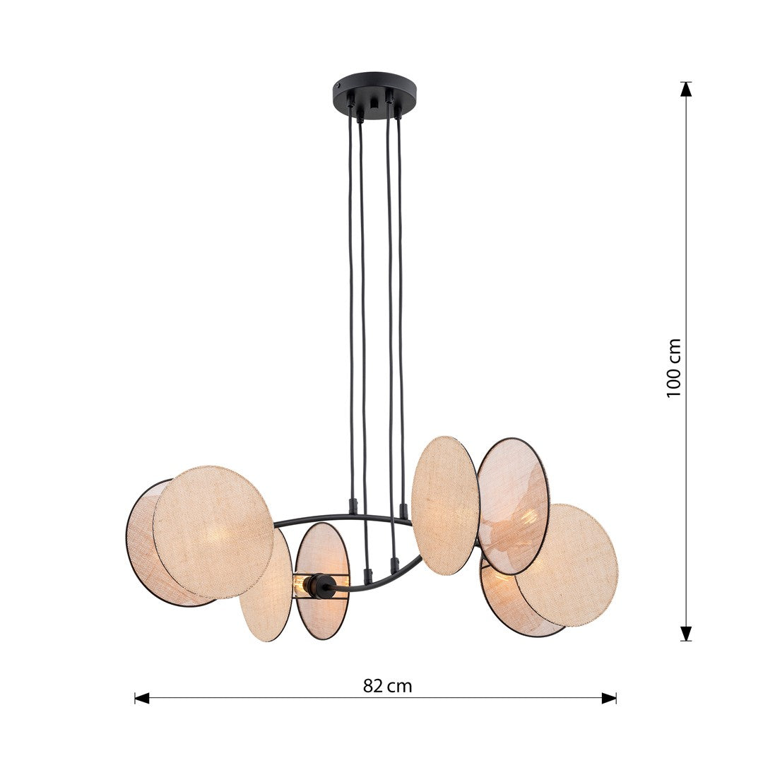 Hanglamp gepoedercoat staal en stof Motief boho, zwart met beige kappen, 4 fittingen E27, 82 x 100 cm