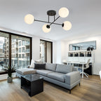 Plafondlamp 4-lichts gepoedercoat staal en glas, modern, zwart met witte kappen, E14 – woonkamer, eetkamer