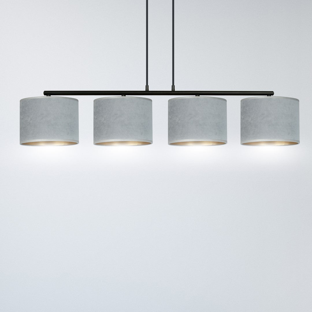 Hanglamp gepoedercoat staal en stof Hilde, grijs met zwart frame, 4 kappen Ø 20 cm – 97 x 100 cm