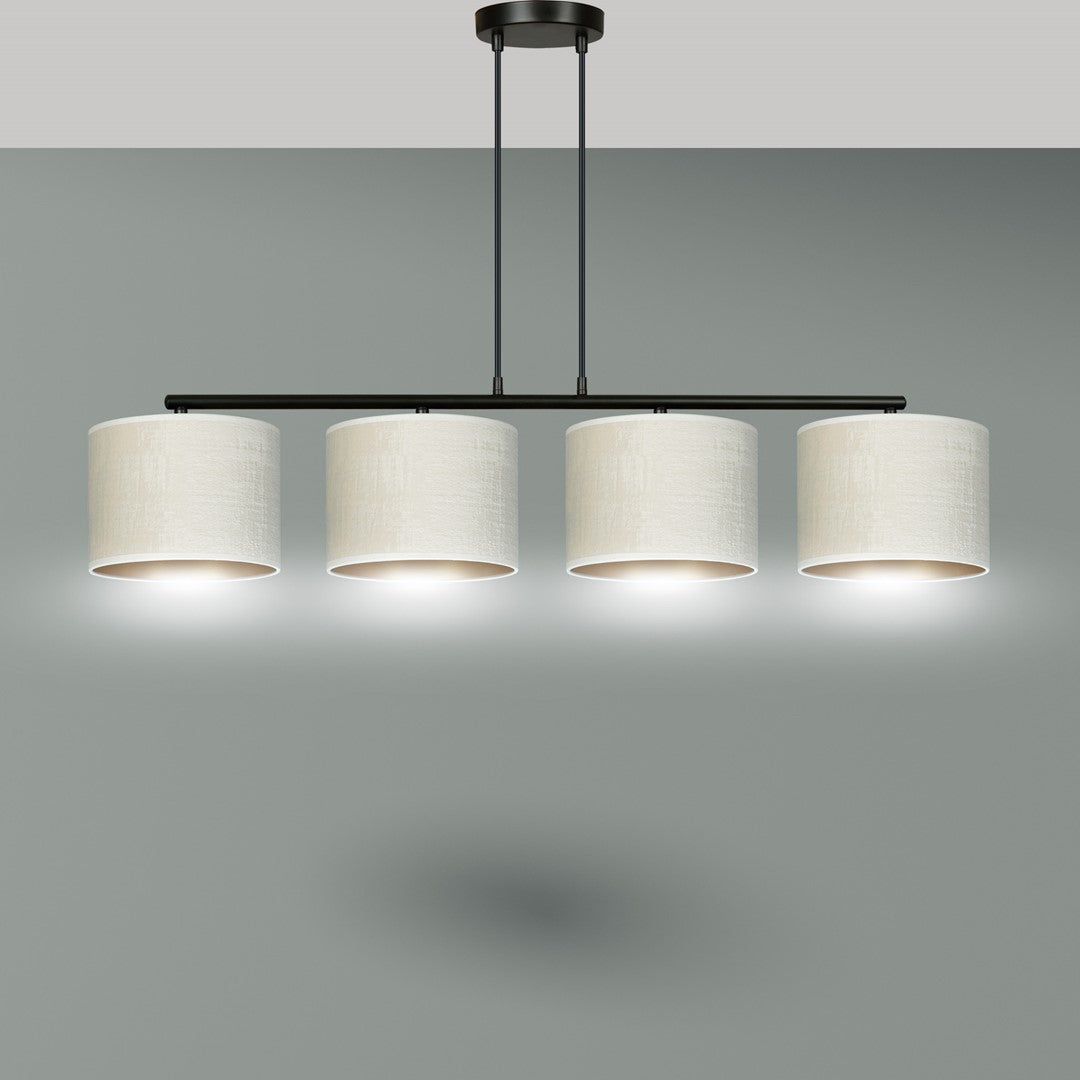 Hanglamp gepoedercoat staal Hilde 4 kappen, wit met goudkleurige binnenzijde, zwart frame, 97 x 100 cm, eetkamer