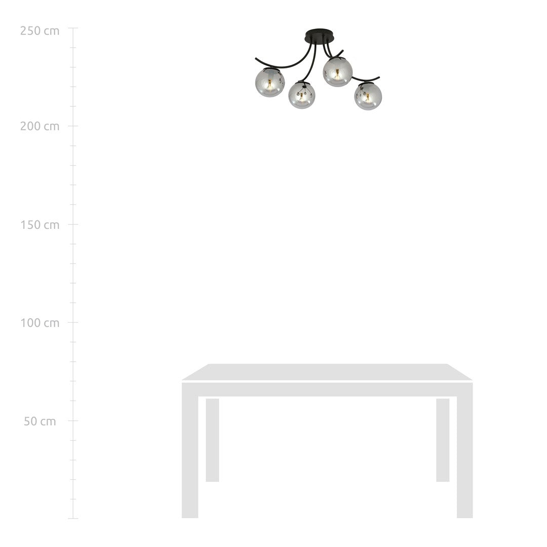 Plafondlamp gepoedercoat staal en glas Boston, zwart met grafiet glazen kappen, 4 lichts, 70 x 37 cm, E14