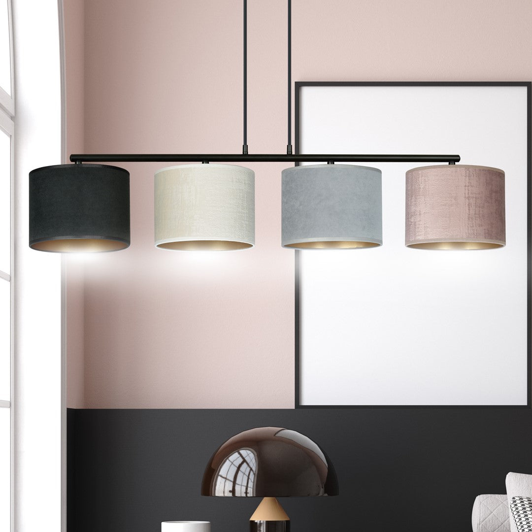 Hanglamp gepoedercoat staal met stoffen kappen Hilde, zwart, grijs, roze, 4 lichts, 97 x 100 cm