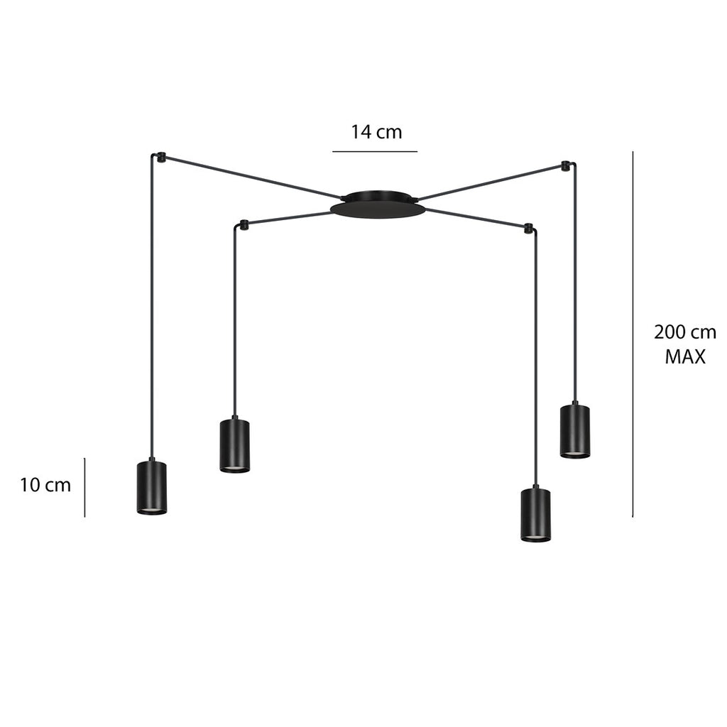 Hanglamp staal modern Traker zwart, 4 lichts, verstelbare hoogte, met 4 fittingen