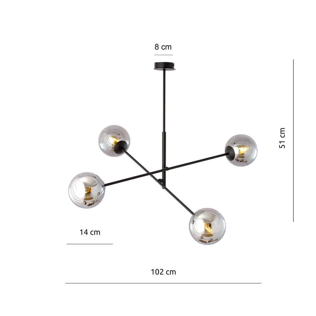 Hanglamp gepoedercoat staal en glas Linear 4 lichts, zwart/grafiet – 102 x 51 cm, boven eettafel of kookeiland