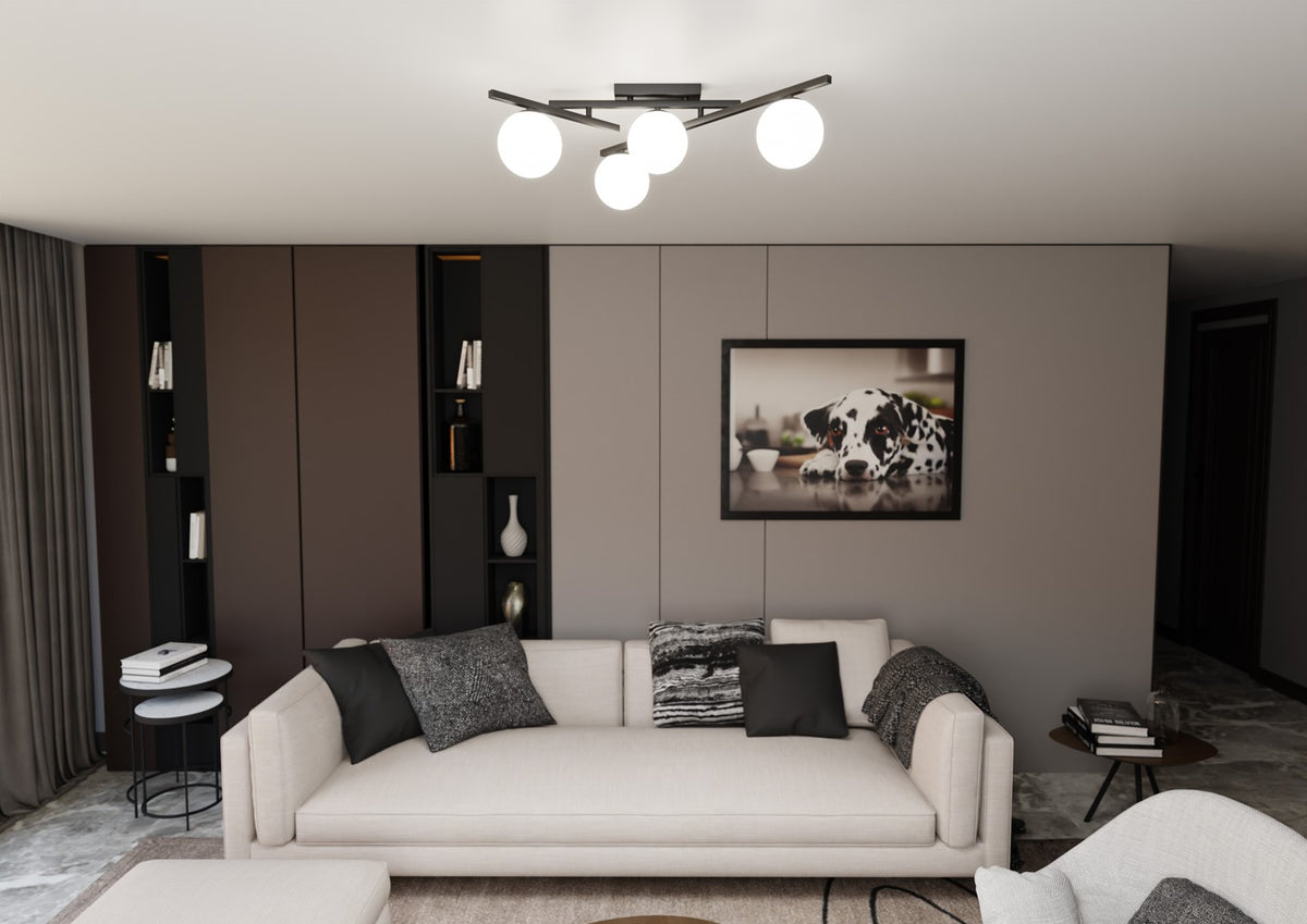 Plafondlamp gepoedercoat staal en glas Smart 4 lichts, zwart met witte kappen, 63 x 25 cm