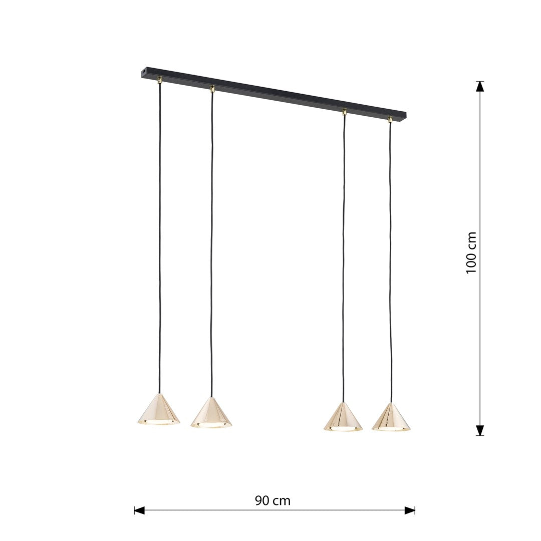 Hanglamp gepoedercoat staal minimalistisch Elit zwart en goud, 4 lichts, 90 x 100 cm, voor woonkamer en eetkamer