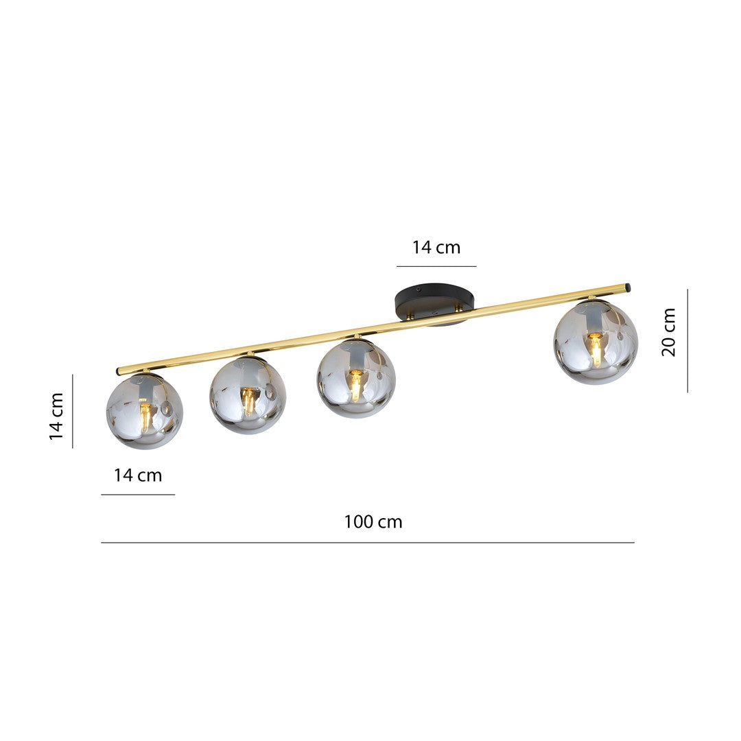 Plafondlamp gepoedercoat staal en glas Monza, zwart en goud met grafiet kappen, 4 lichts, 100 cm breed