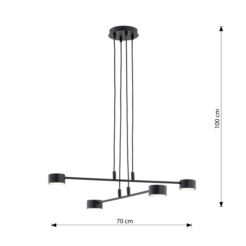 Hanglamp gepoedercoat staal Scandinavisch zwart, 4 lichtpunten, breedte 70 cm, voor eettafel of woonkamer