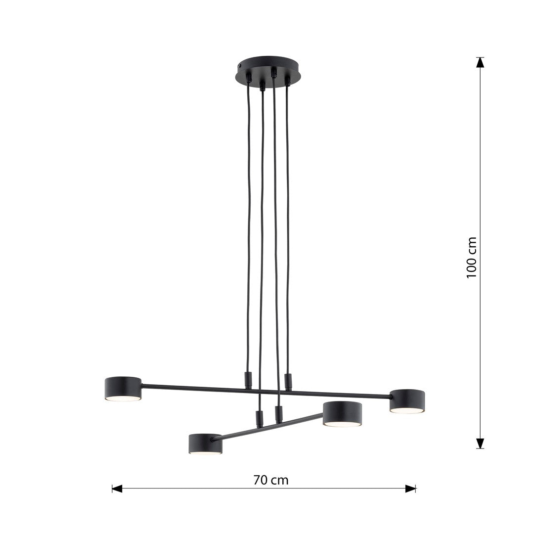 Hanglamp gepoedercoat staal Scandinavisch zwart, 4 lichtpunten, breedte 70 cm, voor eettafel of woonkamer