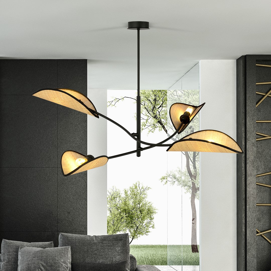 Plafondlamp Lotus gepoedercoat staal en rotan, boho, zwart met naturel kappen, 4 lichtpunten, 102 x 51 cm