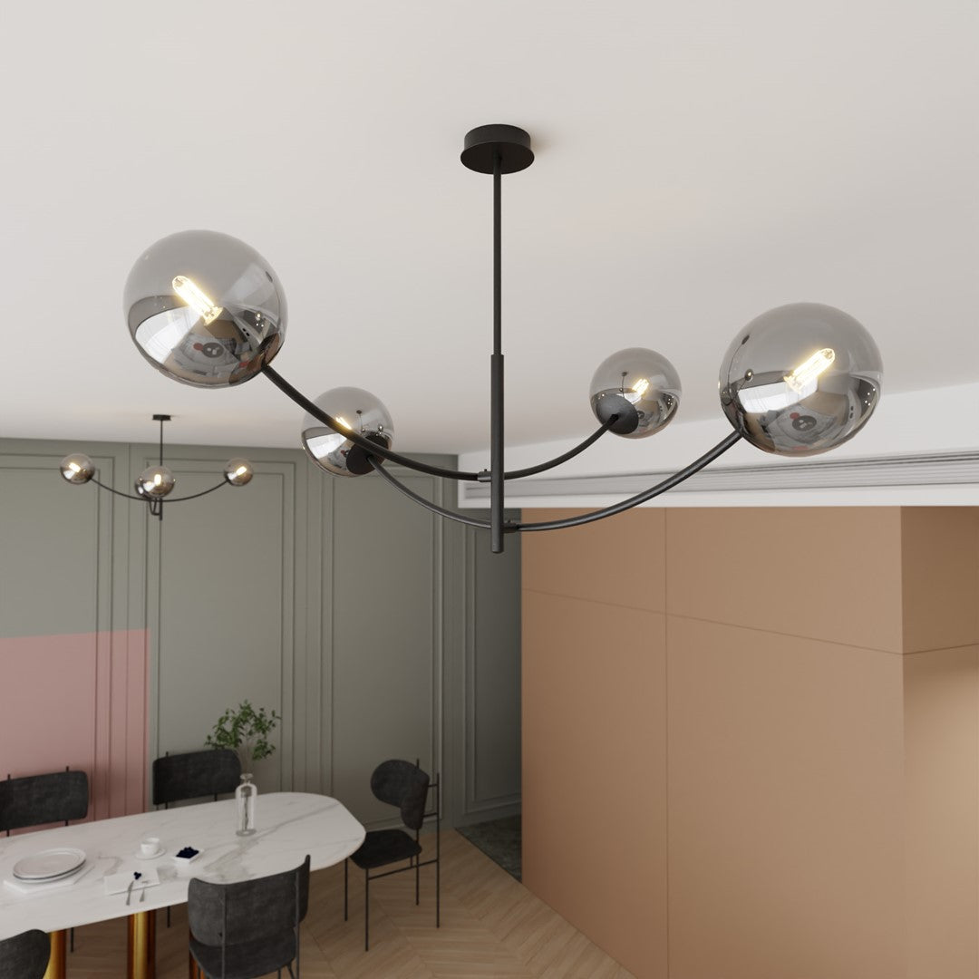 Plafondlamp gepoedercoat staal en glas Hunter, zwart met grafiet glazen kappen, 4 lichts, 89 x 63 cm