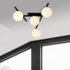 Plafondlamp gepoedercoat staal en glas Smart 4 lichts, zwart met witte kappen, 63 x 25 cm