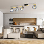 Plafondlamp gepoedercoat staal en glas Monza, zwart en goud met grafiet kappen, 4 lichts, 100 cm breed