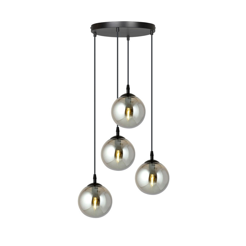 Zwarte hanglamp met vier ronde grafietkleurige glazen kappen op verschillende hoogtes aan een ronde plafondplaat