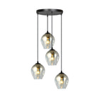 Zwarte hanglamp met vier grafietkleurige glazen kappen op verschillende hoogtes aan een ronde plafondplaat