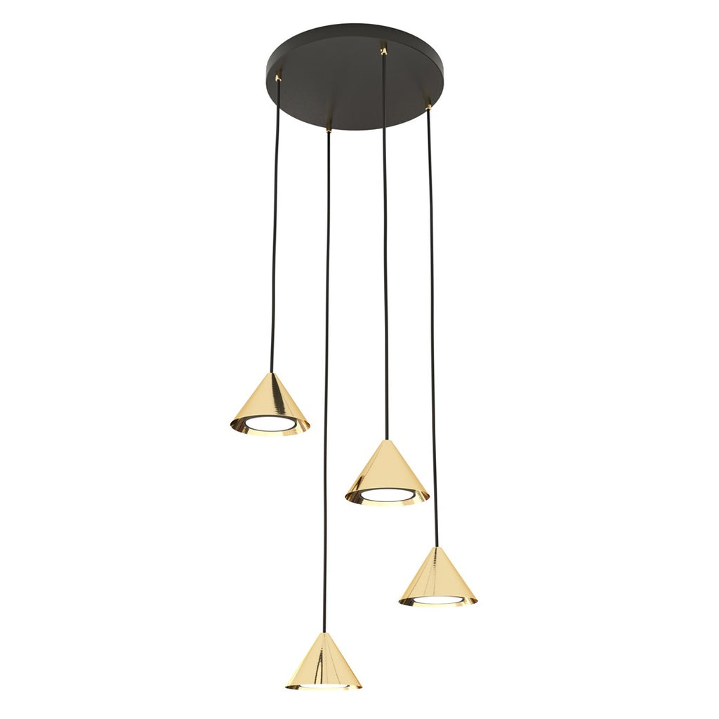 Hanglamp met vier gouden kegelvormige kappen aan zwarte snoeren onder een ronde zwarte plafondplaat